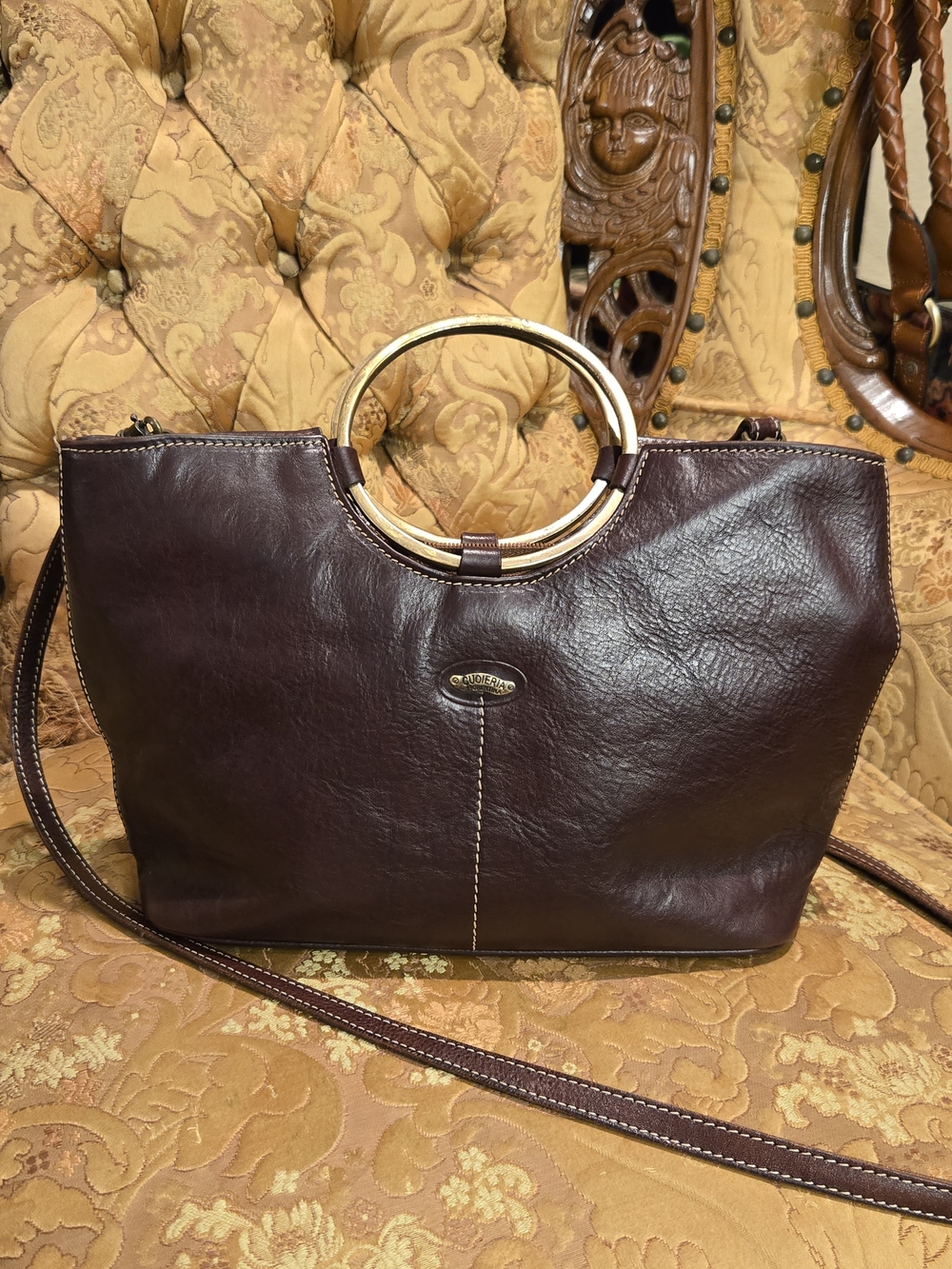 Vintage Structured Circle-Handle Shoulder/Crsby in Dark Brown With Brass Accents